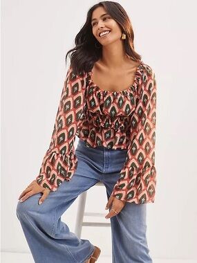 ANTHROPOLOGIE HUTCH Briony Smocked Puff-Sleeve Blouse Boho Peasant Size Large